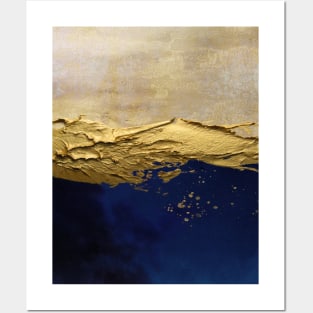 blue abstract scene with gold paint effect. Posters and Art